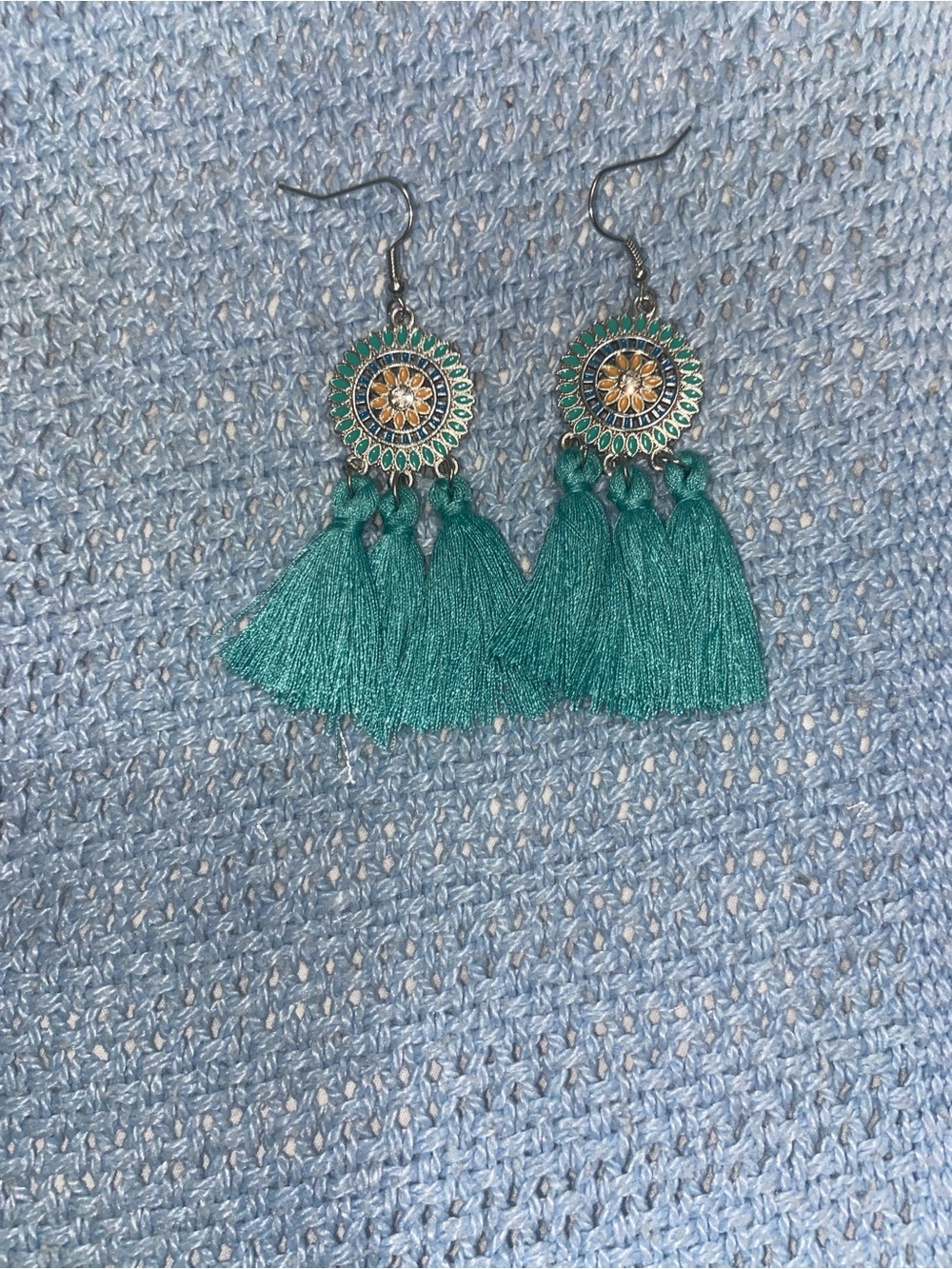 Artisan Teal Tassel Sunburst Drop Earrings